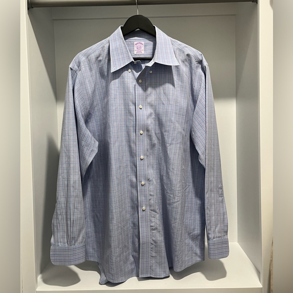 Brooks brothers classic non-iron supima cotton blue multicolor plaid neck 17-35